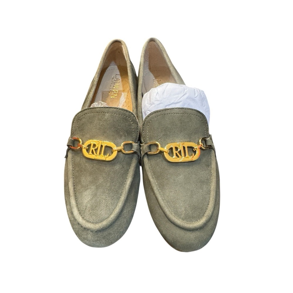 Lauren Ralph Lauren Averi Suede Slip On Loafers Size 5 Classic Olive Monogram